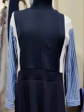Japan Long Pleated Mixed Fabric Long Dress High Neck Sz M